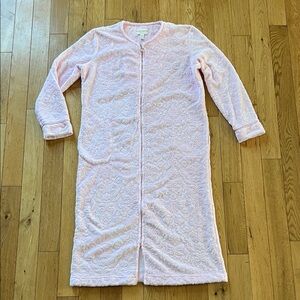 Laura Ashley Soft Pink Jacquard Plush Floral Full Zip S/M Robe Satin Trim Wrist